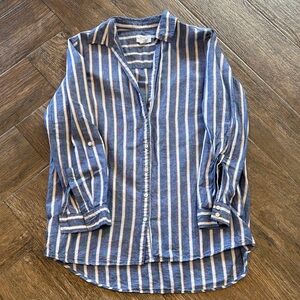 Sigrid Olsen Blue and White Striped Linen Button-Down Shirt